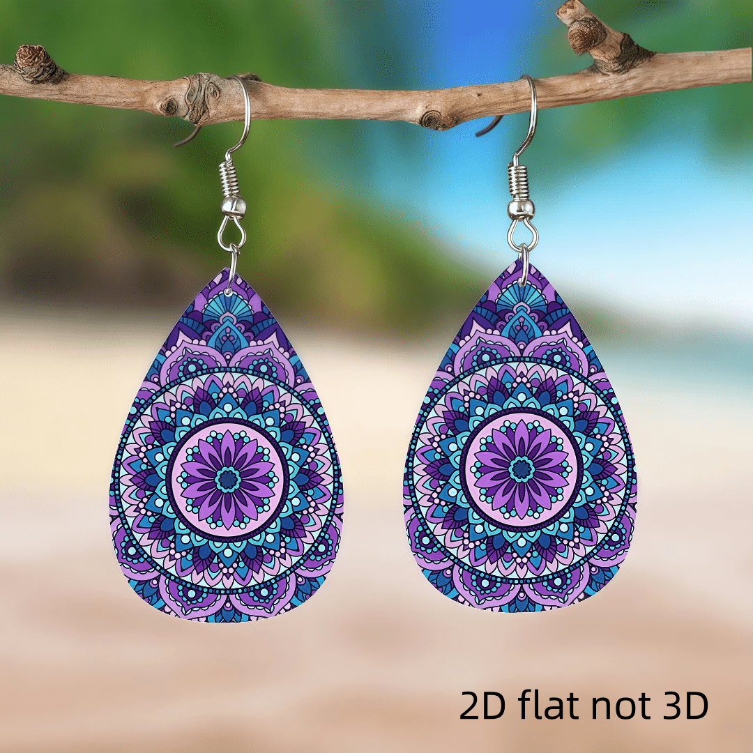 Women's Mandala Pattern 2D Flat Earrings, Unique Design